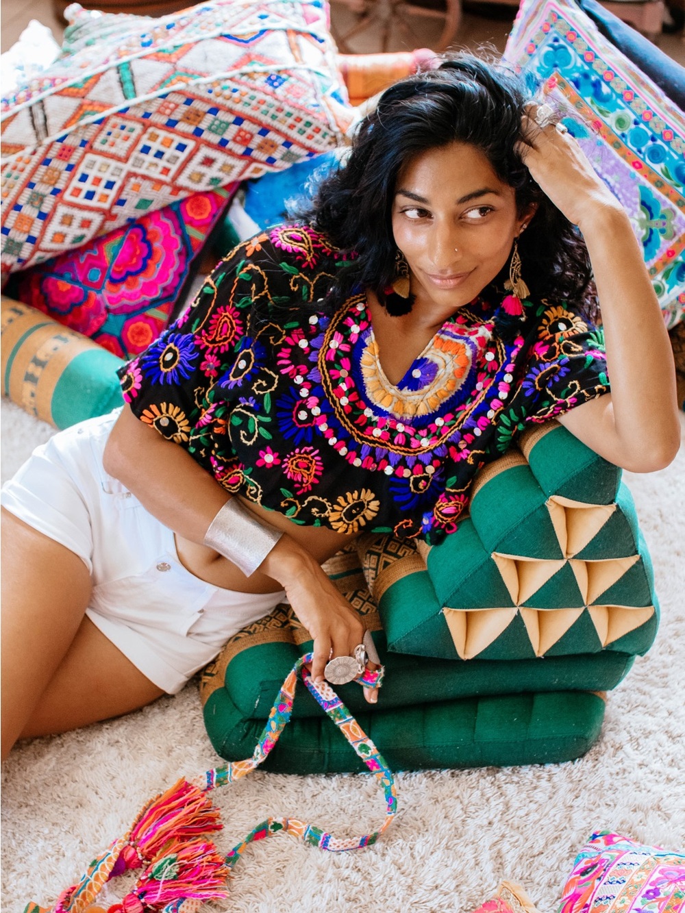 Embroidered Black Boho Crop Top with Multicolor Floral Detail